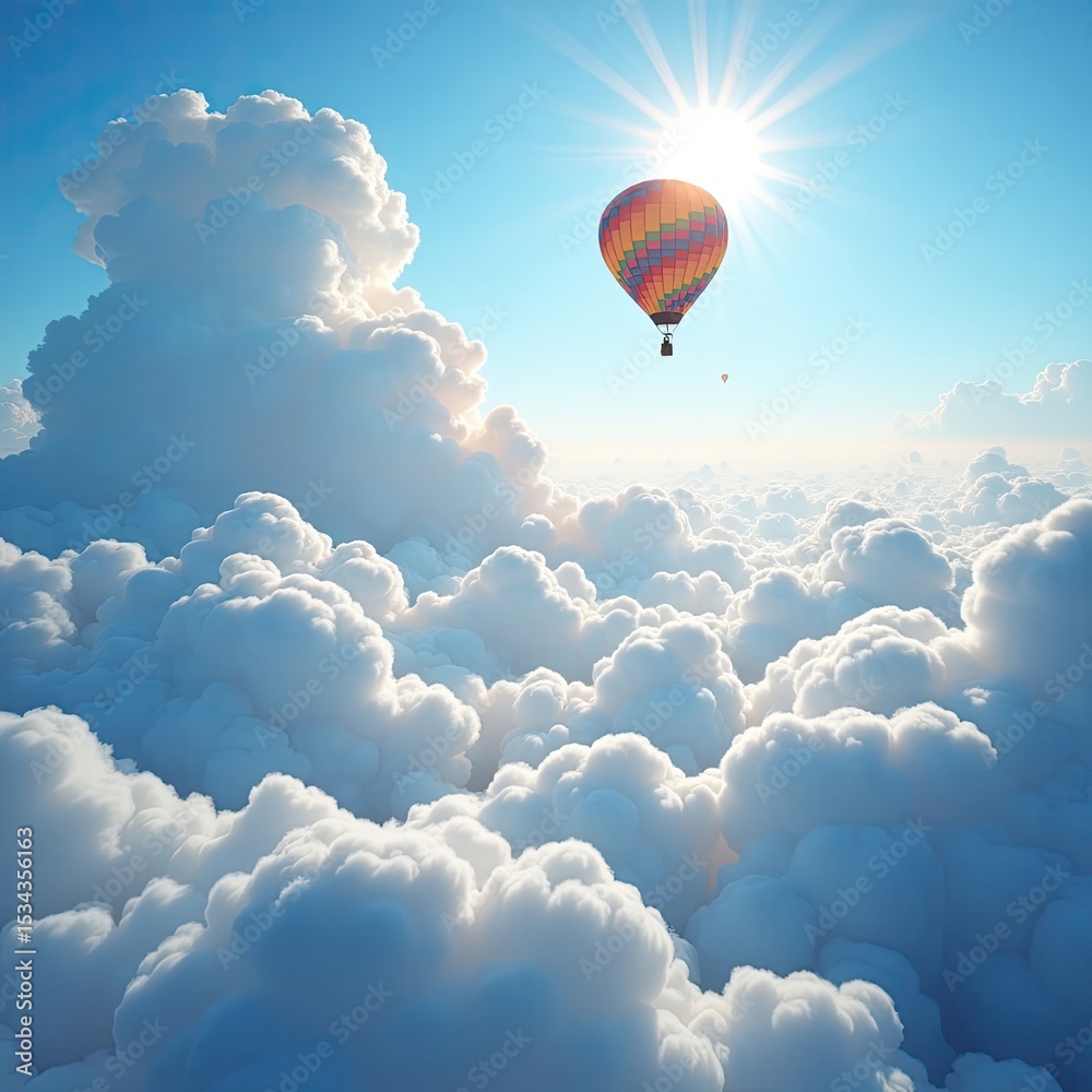 Fototapeta premium Hot Air Balloon Flying Above Cumulus Clouds