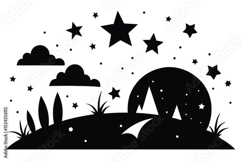 Silhouette Starry Night Scene with Clouds, Trees, Grass and Rabbit Ears Graphic Art
