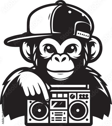 Cool Hip Hop Monkey DJ with Boombox Cassette Player Graphic Design