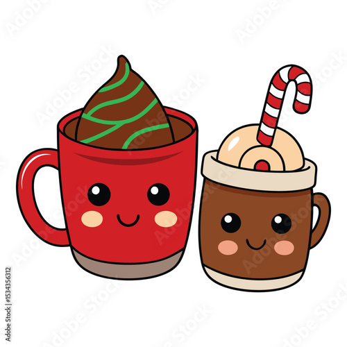 Festive Christmas hot chocolate and coffee cup set featuring holiday-themed mugs, whipped cream, candy canes, and cozy winter decor—perfect for seasonal sipping joy!

