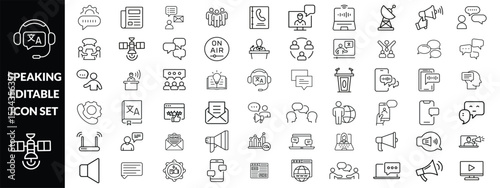 Speaking line editable icon set. Speaking icon set. Communication related icons: speech, talk, discussion, speech bubble, team, meeting, people, business and more
