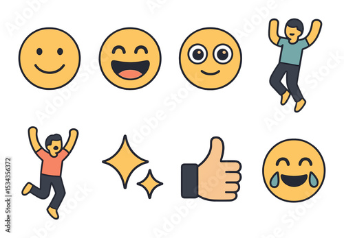 Joyful emotion icons set – outline, happy and positive expression symbols