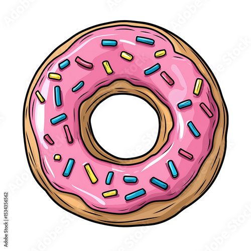 A pink frosted donut with sprinkles  isolated on a white background