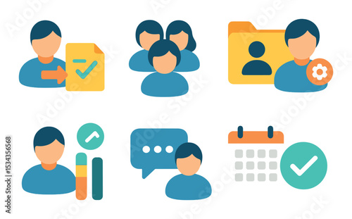 Team management icons set – flat, collaboration and organization symbols for planning