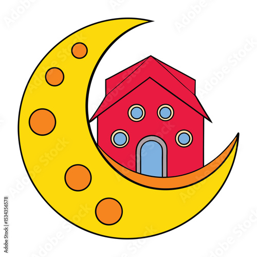 A bold red house stands on the moon's dusty surface, glowing under a starry sky—an otherworldly symbol of imagination, solitude, and lunar exploration.
