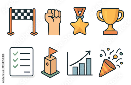 Motivational and achievement icons set – outline style, goal and success symbols