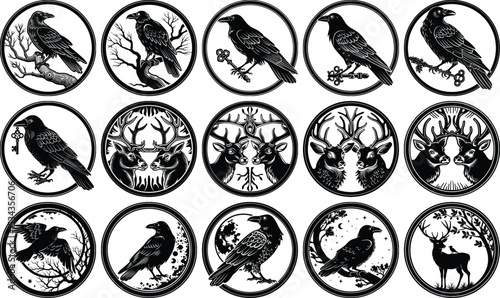 Collection of Black and White Round Badge Designs Featuring Raven, Deer, Trees, and Celestial Elements
