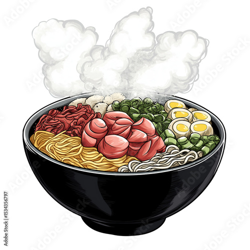 Steaming bowl of ramen with toppings  isolated on a white background