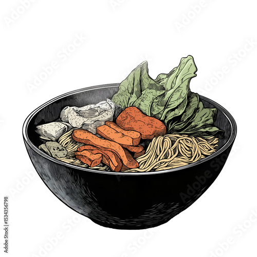 Steaming bowl of ramen with toppings  isolated on a white background