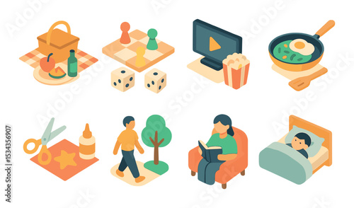 Weekend activity icons set – 3d style, leisure and relaxation symbols