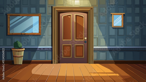 Closed wooden door in the empty room with copy space