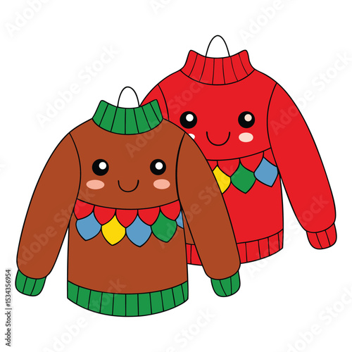 Cozy woven Christmas sweaters hang over shoulders, showcasing festive patterns and holiday cheer in warm, textured knits perfect for the winter season.
