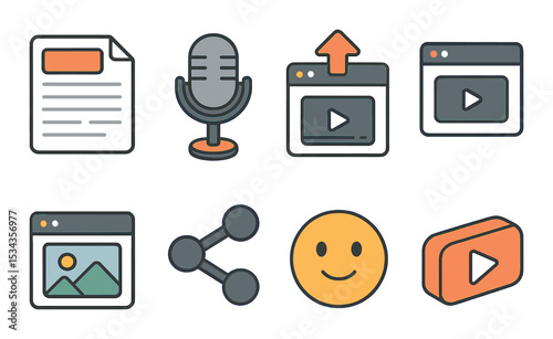 Digital content icons set – linear, media and communication symbols collection