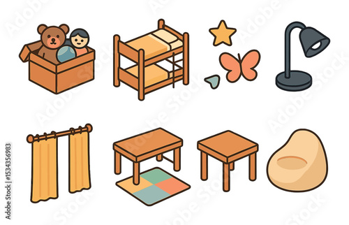 Kids' room icons set – outline style, playful children and nursery room designs