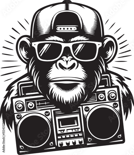Cool Hip Hop Monkey DJ with Boombox Cassette Player Graphic Design