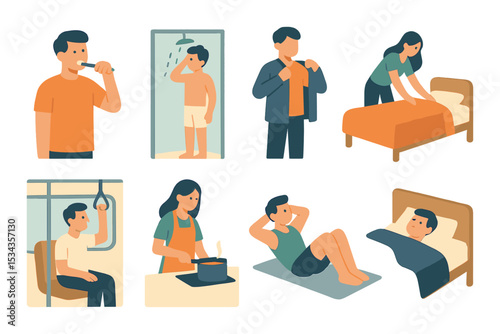 Daily routine icons set – flat, lifestyle and everyday activity symbols