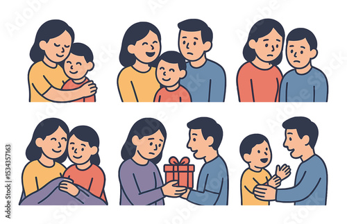 Family and emotion icons set – flat, expressive and relationship symbols