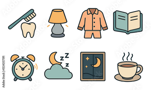 Bedtime routine icons set – outline, sleep and nighttime symbols for relaxation