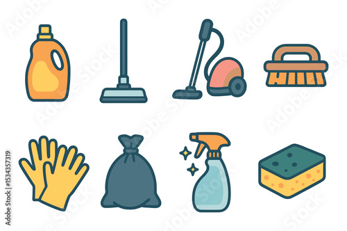 Daily cleaning icons set – flat, household and maintenance symbol collection
