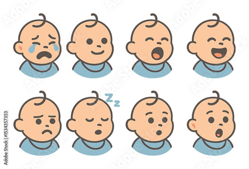 Baby emotion icons set – outline, expressive infant faces and mood symbols