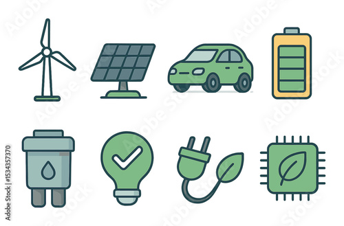 Eco technology icons set – outline style, green energy and sustainability symbols