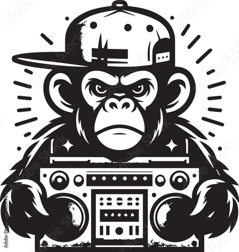 Cool Hip Hop Monkey DJ with Boombox Cassette Player Graphic Design