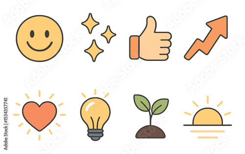 Positive icons set – outline, motivational and uplifting symbol collection