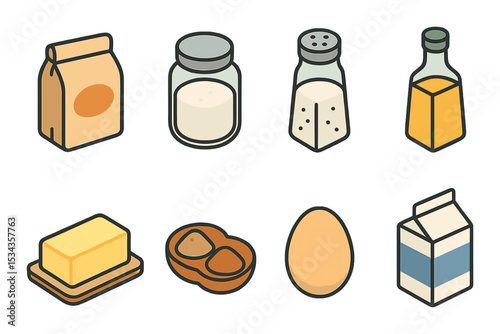 Cooking ingredient icons set – flat, kitchen essentials and food preparation symbols