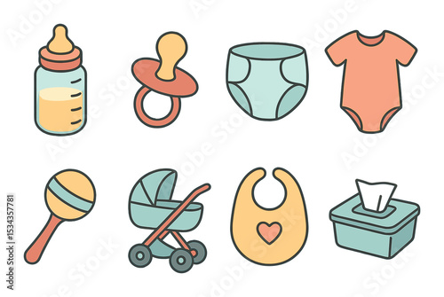 Baby care icons set – outline, infant essentials and parenting symbols