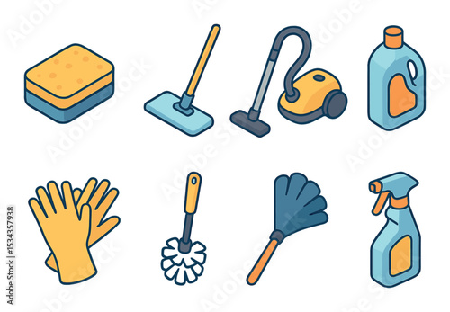 Home cleaning icons set – flat, housework and maintenance graphic symbols