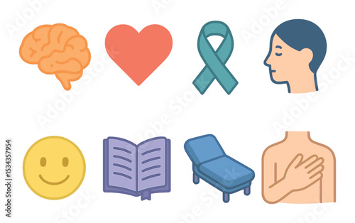 Mental health icons set – outline, wellness and therapy digital symbols collection