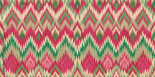 Vibrant zigzag patterned fabric in pink, green, and beige tones.