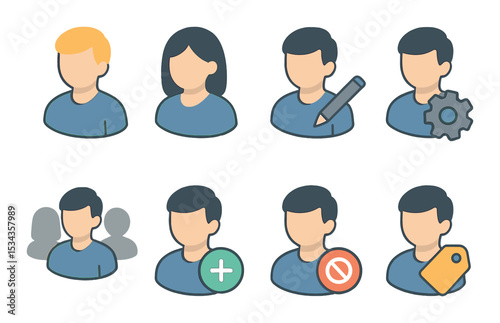 User profile icons set – outline, account and settings symbols