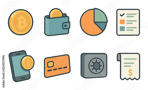 Digital finance icons set – flat, cryptocurrency and banking design elements