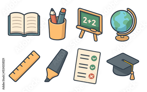 Educational icons set – flat and simple school, learning, and teaching symbols