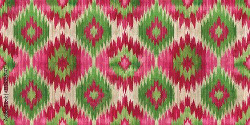 Vibrant diamond-patterned fabric in pink, green, and beige hues.