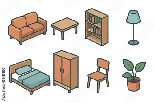 Minimalist furniture icons set – outline, home decor and furnishing symbols