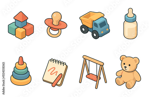Tech and kids outline icons set – educational, playful designs for childhood creativity