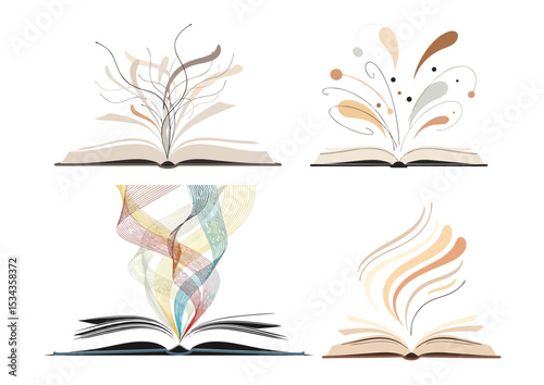 Open book illustration with floating abstract lines, symbolizing discovery and learning