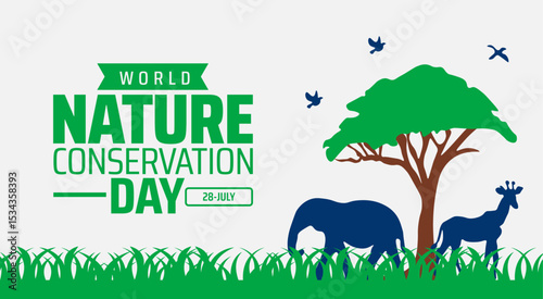 World Nature Conservation Day banner design with Flat Vector Design with Elephant, Deer, Tree, and Birds on White Background for Environmental Awareness.