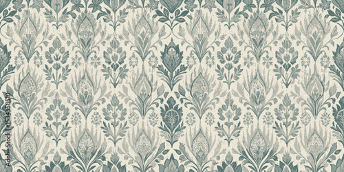 Elegant floral wallpaper design in muted teal and cream tones.