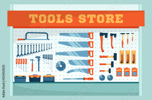 Cartoon Color Showcase with Hand Saws of Tool Store Assortment of Instrument and Tools Concept Flat Design Style. Vector illustration
