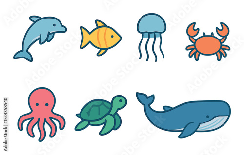Aquatic animal icons set – outline, marine and ocean life symbols