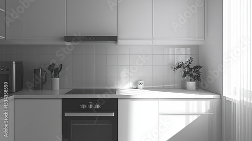 Modern Minimalist Kitchen Design, Sunlight Streaming Through Window