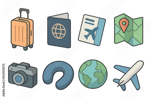 Travel essentials icons set – outline, vacation and trip planning symbols