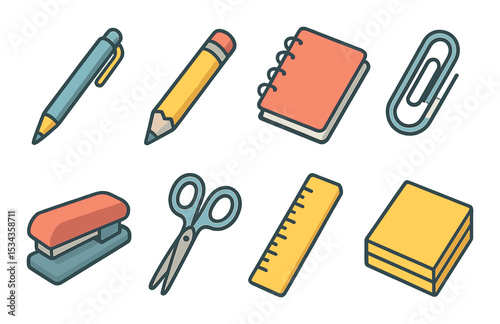 Office stationery icons set – flat, essentials and supplies in simple style