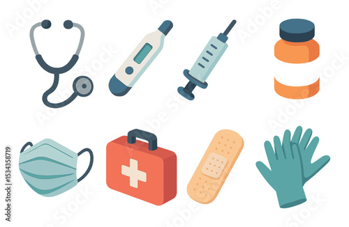 Medical supplies icons set – flat, healthcare and emergency tools collection