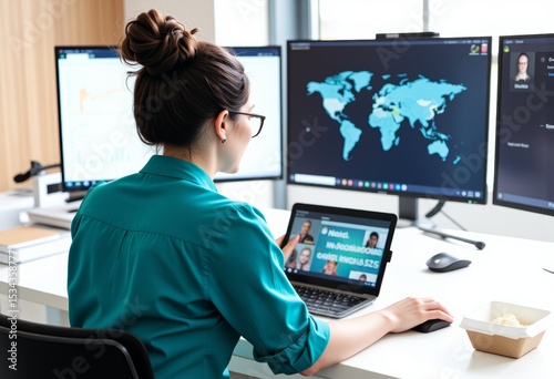 Businesswoman Working Remotely Video Conference Global Map Laptop Teal Shirt