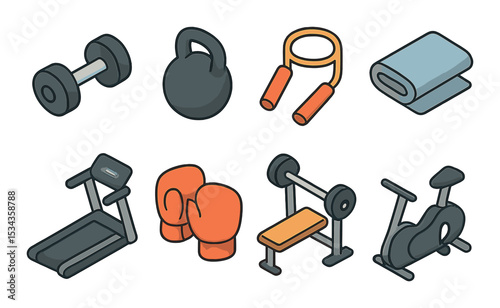 Gym equipment icons set – isometric, workout and fitness symbols in 3d style