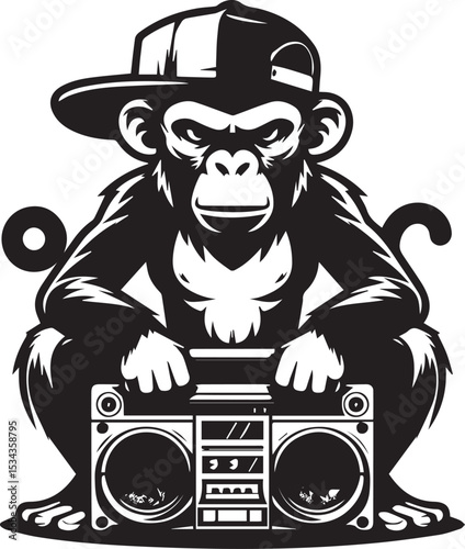 Cool Hip Hop Monkey DJ with Boombox Cassette Player Graphic Design